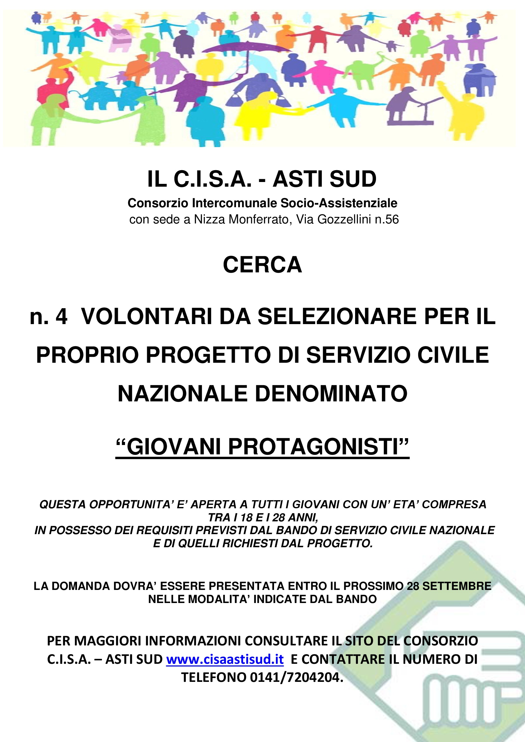 Progetto di servizio civile: apertura bando di selezione (presso C.I.S.A Asti Sud)